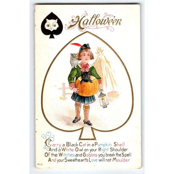 Halloween Postcard Black Cat Owl On Shoulder Nash Embossed H-13 Spades Original - Picture 1 of 4